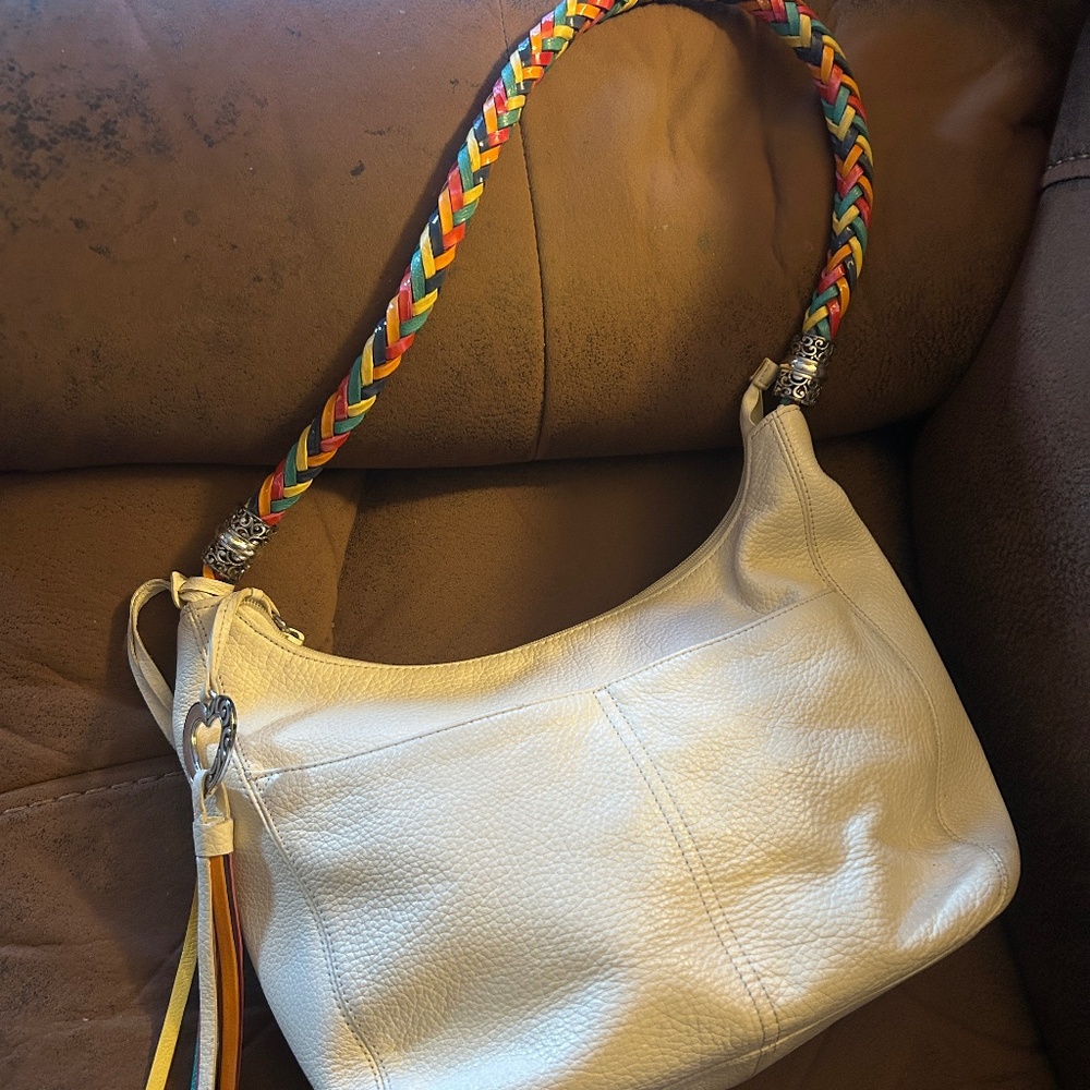 BRIGHTON Barbados Ziptop Hobo Off white leather shoulder bag/rainbow strap/heart